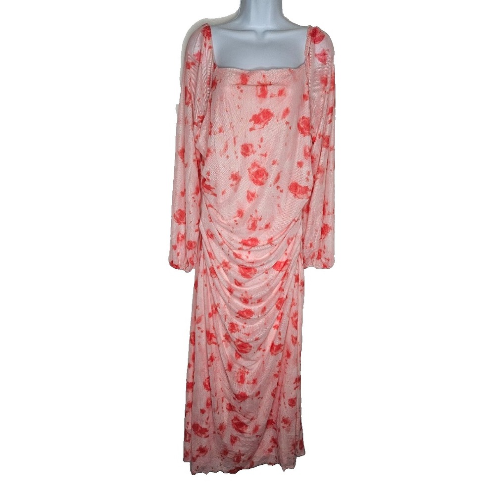 ZOMVA Womens 2XL Pink Floral Mesh Ruched Maxi Dress Fairycore Romantic Y2K